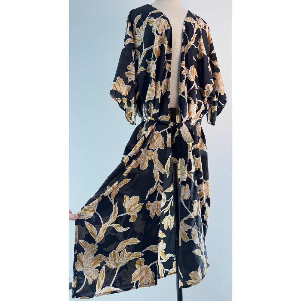 Maison Du Soir Kimono Maxi Robe Black Gold Floral Leaf Loungewear Resort L/XL